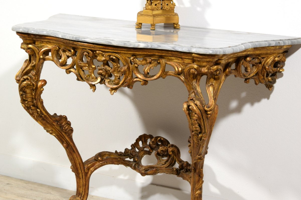 Console en bois sculpté et doré, Italie, époque Barocchetto, milieu du XVIIIe siècle-photo-5