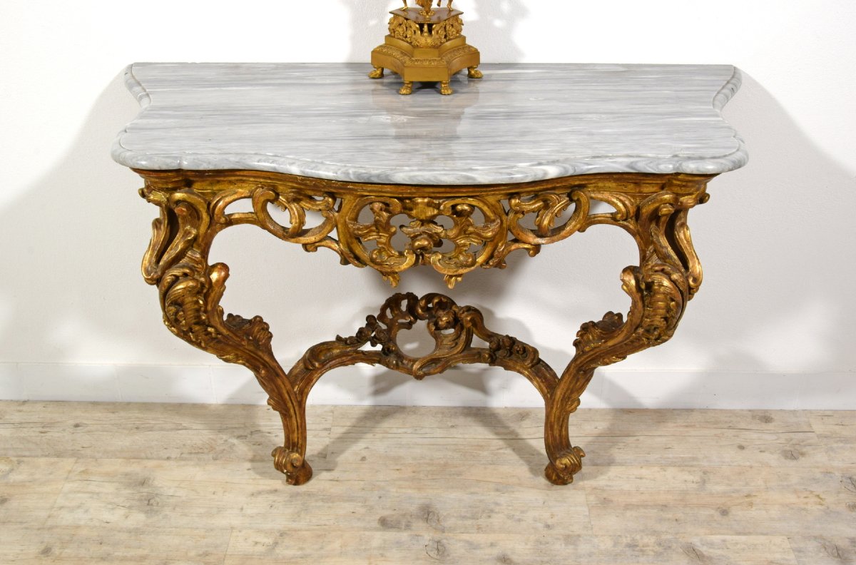 Console en bois sculpté et doré, Italie, époque Barocchetto, milieu du XVIIIe siècle-photo-7