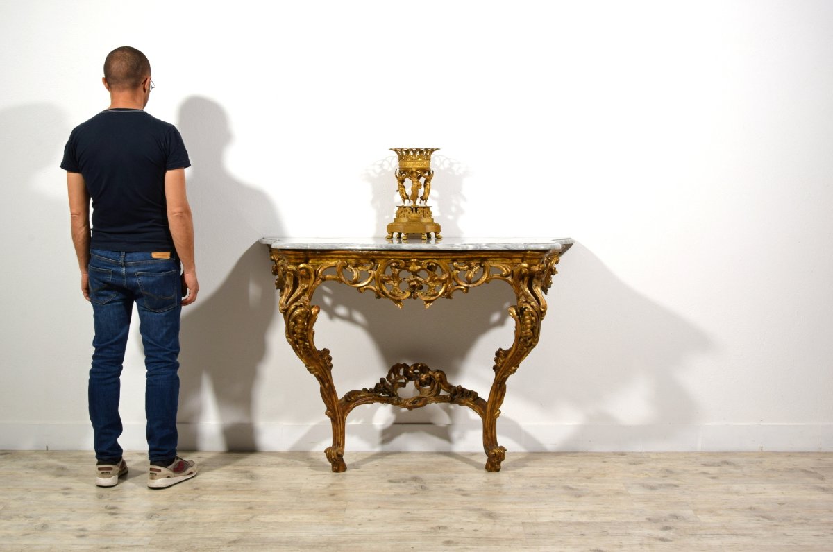 Console en bois sculpté et doré, Italie, époque Barocchetto, milieu du XVIIIe siècle-photo-8