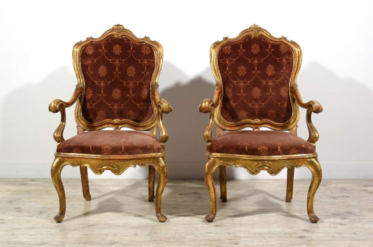 Pair Of Carved And Gilded Wood Armchairs, Barocchetto Period, Mid-18th Century, Venice-photo-2