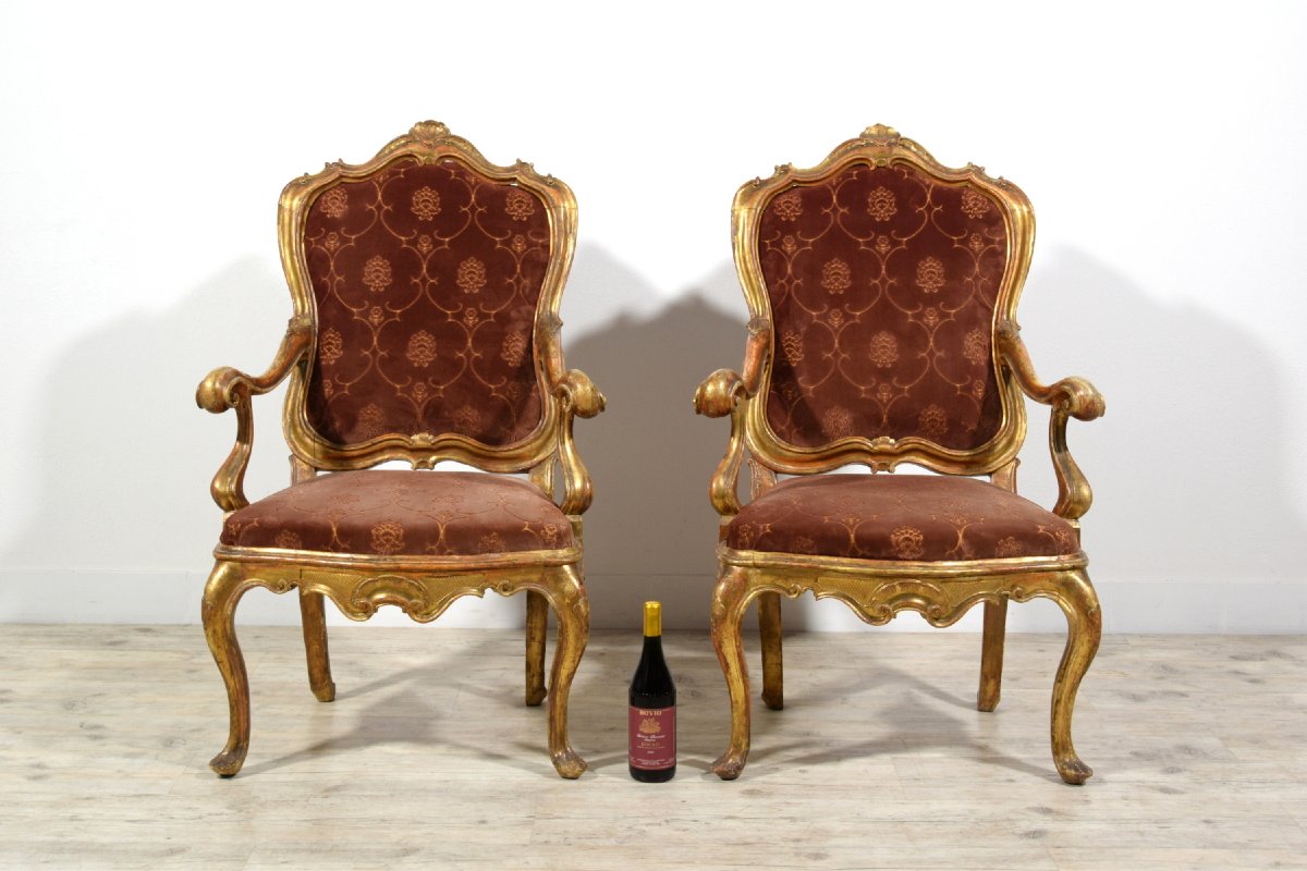 Pair Of Carved And Gilded Wood Armchairs, Barocchetto Period, Mid-18th Century, Venice-photo-1