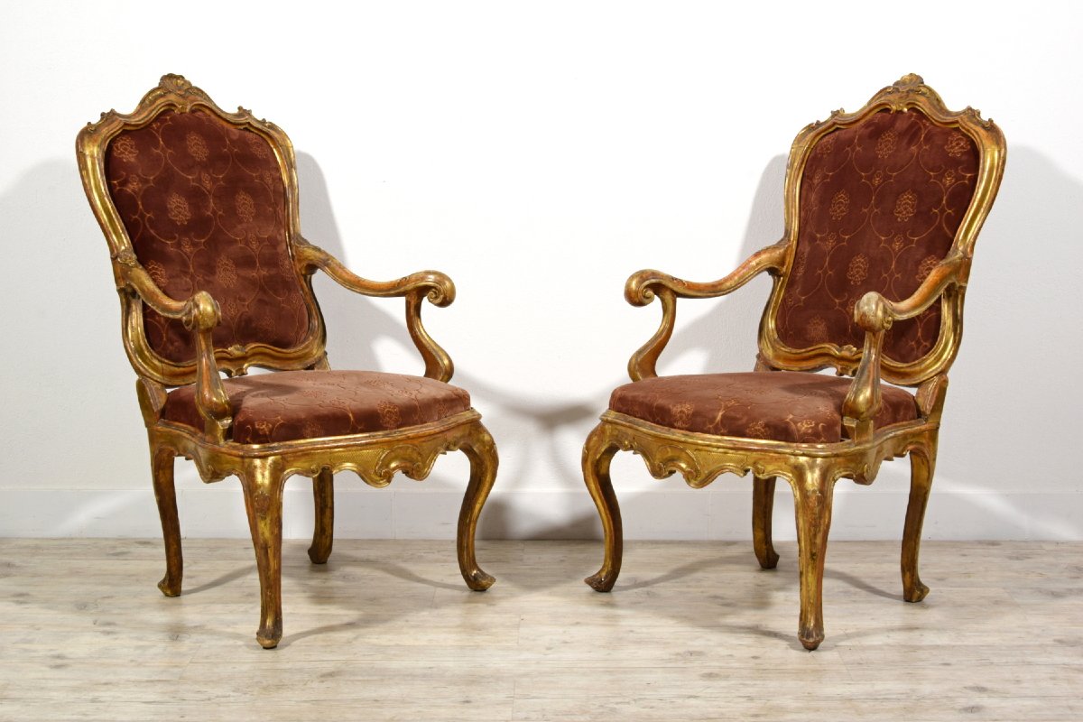 Pair Of Carved And Gilded Wood Armchairs, Barocchetto Period, Mid-18th Century, Venice-photo-2
