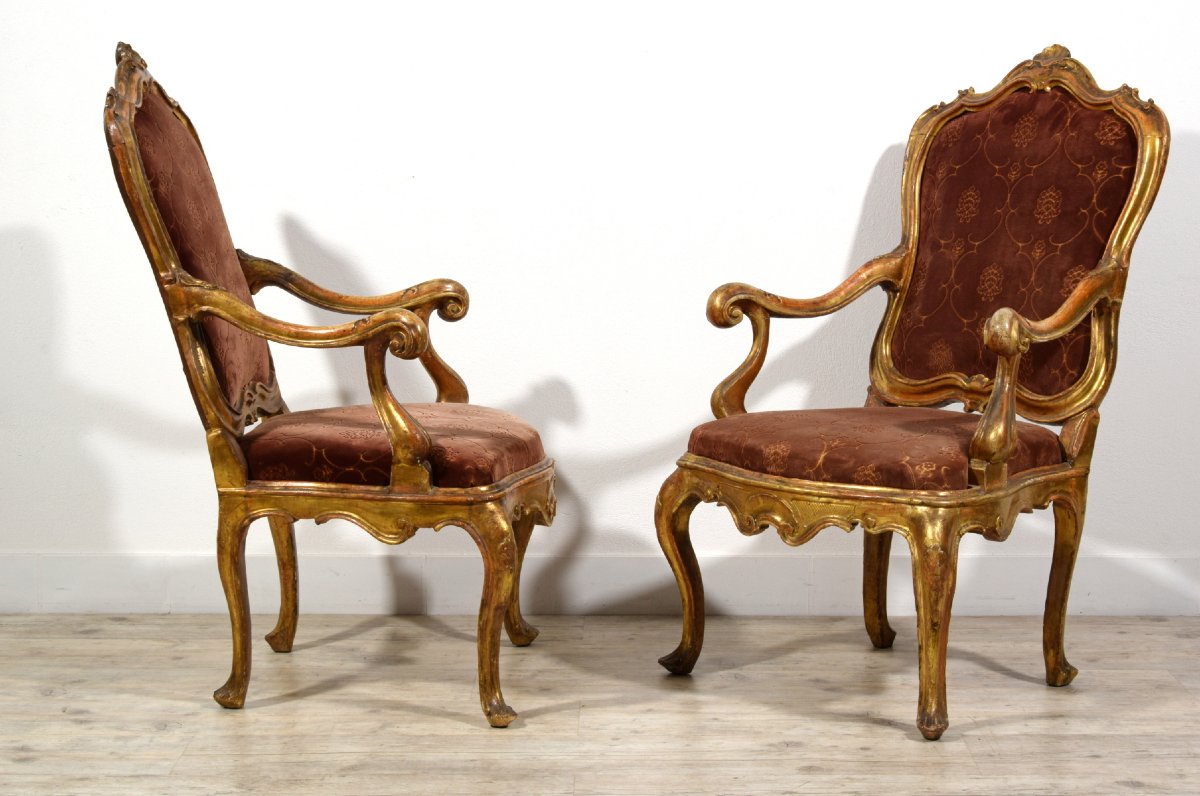 Pair Of Carved And Gilded Wood Armchairs, Barocchetto Period, Mid-18th Century, Venice-photo-3