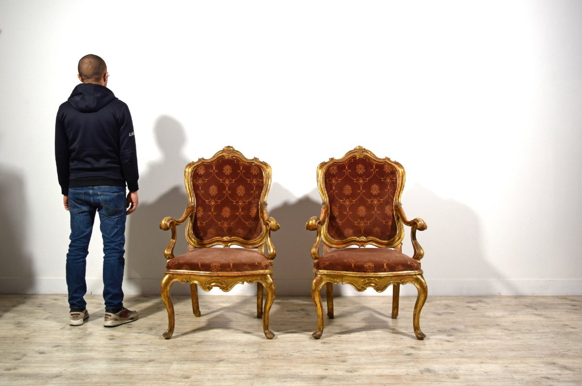 Pair Of Carved And Gilded Wood Armchairs, Barocchetto Period, Mid-18th Century, Venice-photo-5
