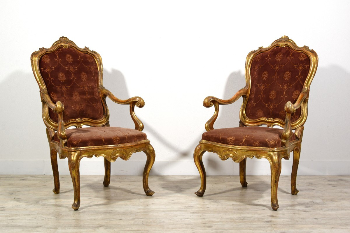 Pair Of Carved And Gilded Wood Armchairs, Barocchetto Period, Mid-18th Century, Venice