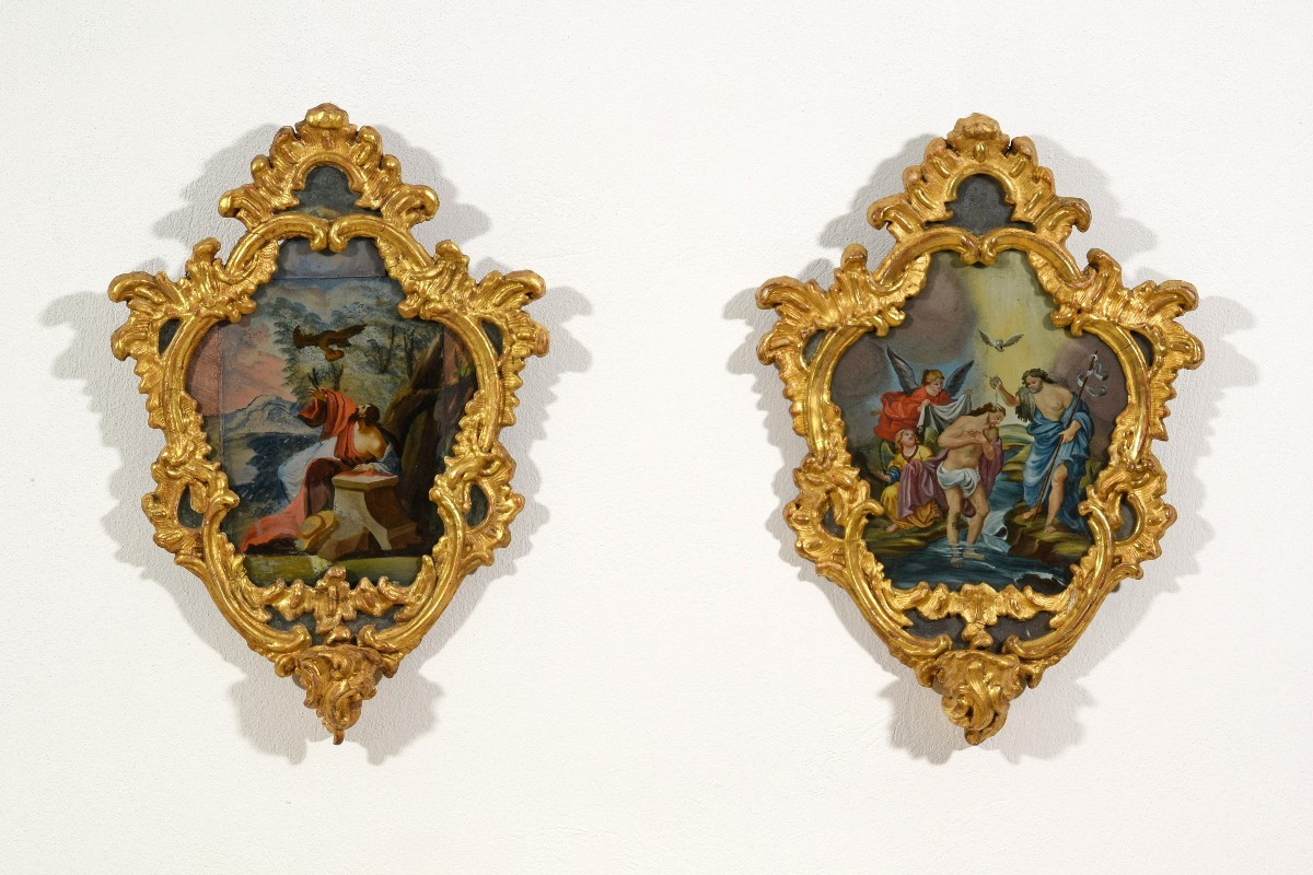 Pair Of Oil On Glass Paintings, Michele Antonio Milocco, Italy, 18th Century
