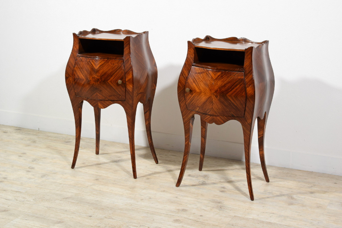 Pair Of Veneered Small Cabinets, Genoa, Barocchetto Style, Late 19th Century-photo-3