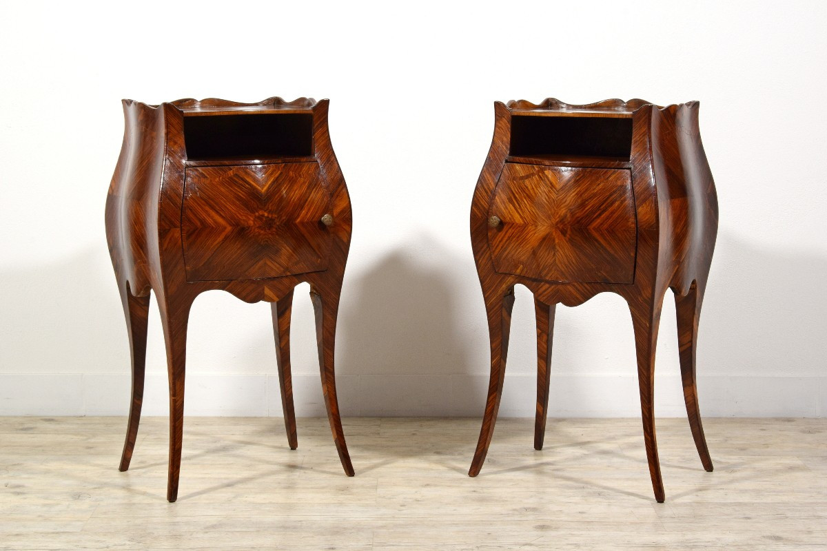 Pair Of Veneered Small Cabinets, Genoa, Barocchetto Style, Late 19th Century