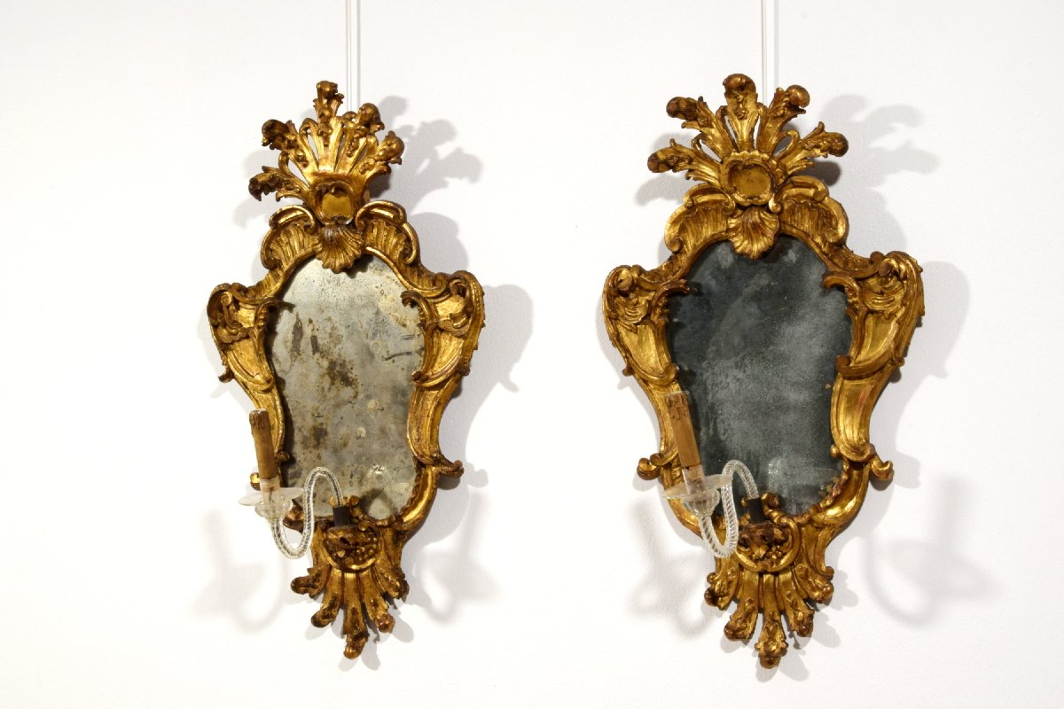 Paire de miroirs baroques en bois sculpté et doré, Italie, XVIIIe siècle-photo-3