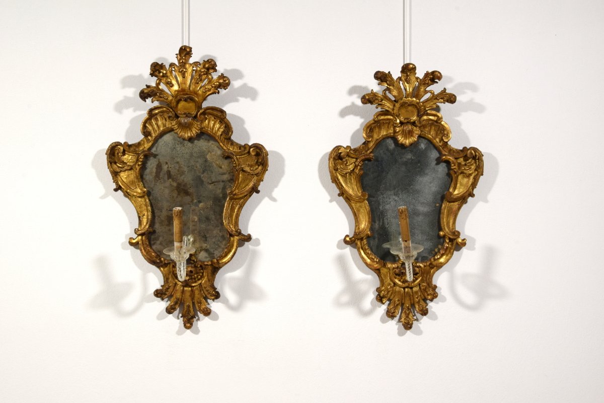Paire de miroirs baroques en bois sculpté et doré, Italie, XVIIIe siècle-photo-4