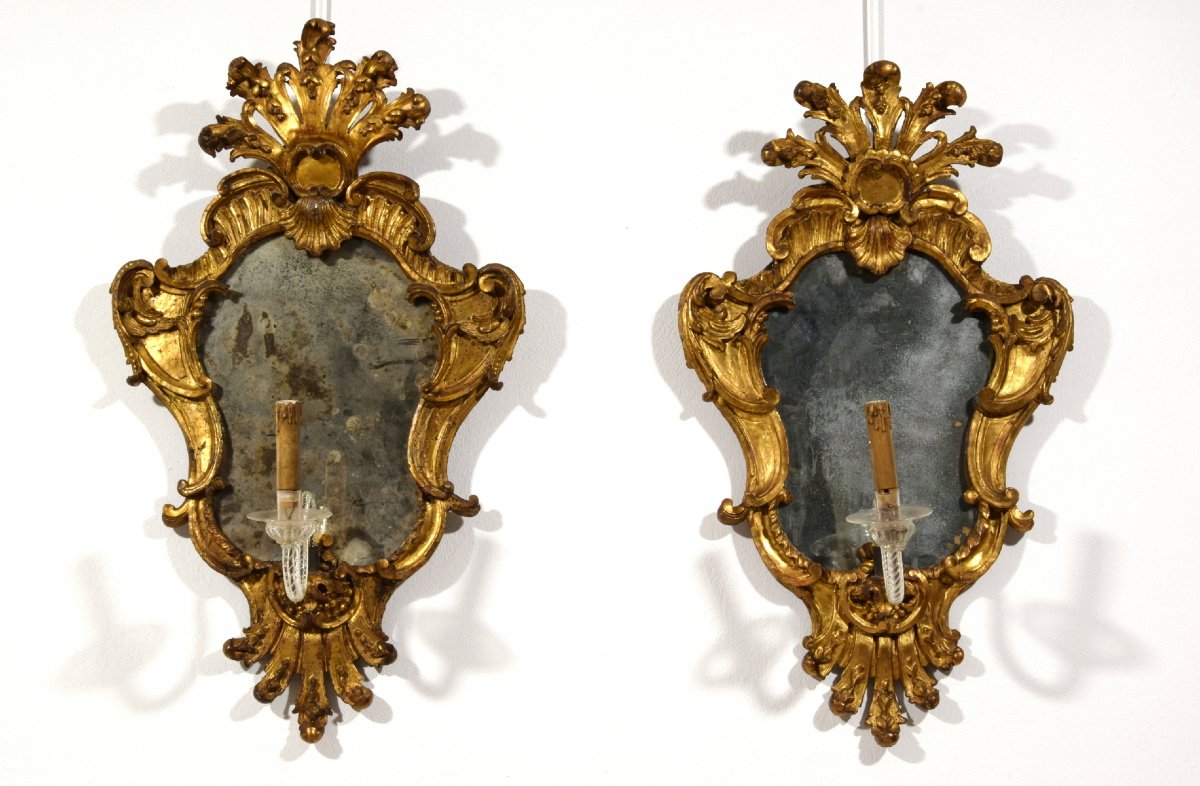 Paire de miroirs baroques en bois sculpté et doré, Italie, XVIIIe siècle-photo-7