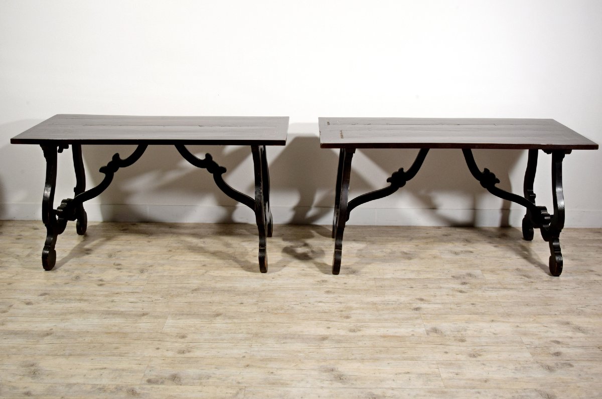 Pair Of Solid Wood Tables With Veneered And Inlaid Top, Tuscany, Early 18th Century-photo-3