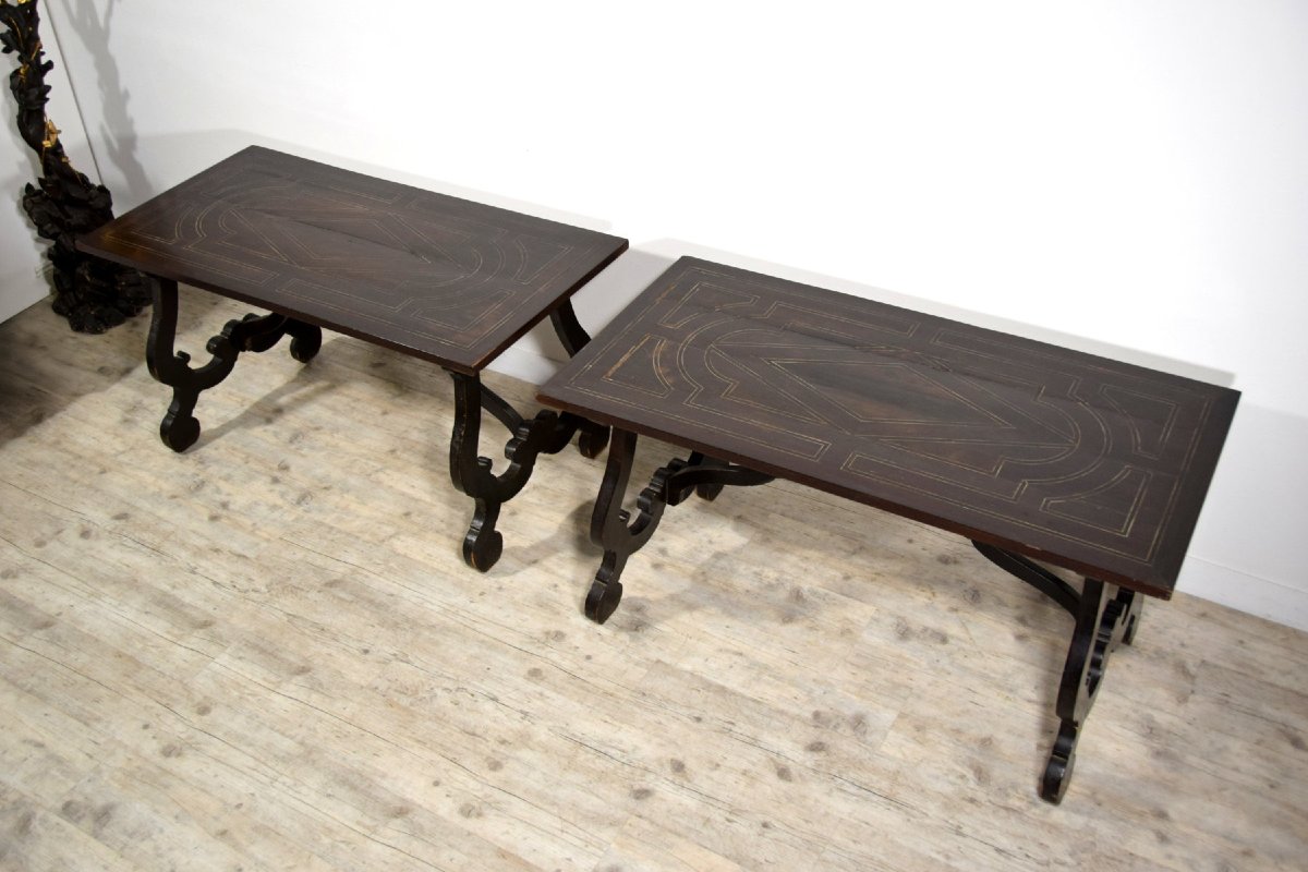 Pair Of Solid Wood Tables With Veneered And Inlaid Top, Tuscany, Early 18th Century-photo-4