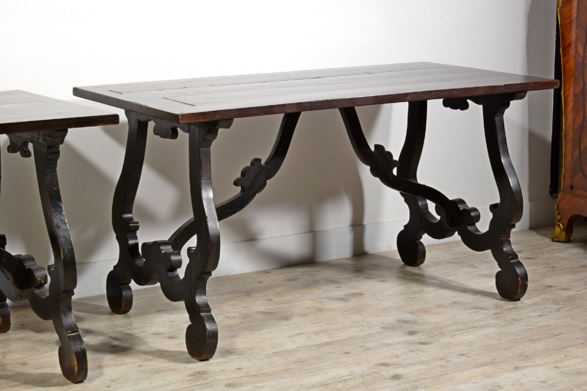 Pair Of Solid Wood Tables With Veneered And Inlaid Top, Tuscany, Early 18th Century-photo-4