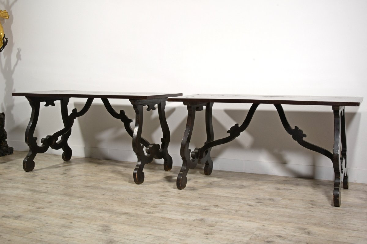 Pair Of Solid Wood Tables With Veneered And Inlaid Top, Tuscany, Early 18th Century-photo-6