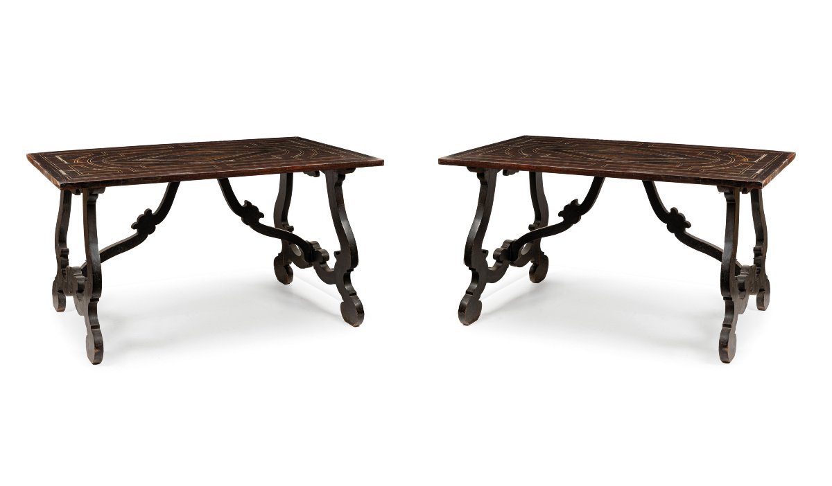 Pair Of Solid Wood Tables With Veneered And Inlaid Top, Tuscany, Early 18th Century