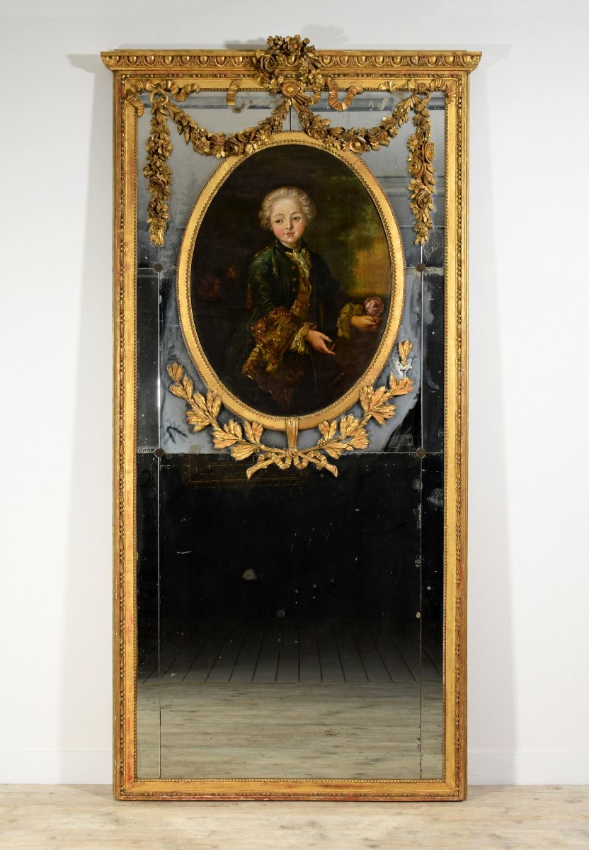 Miroir à trumeau en bois sculpté et doré, Italie, début du XIXe siècle-photo-2