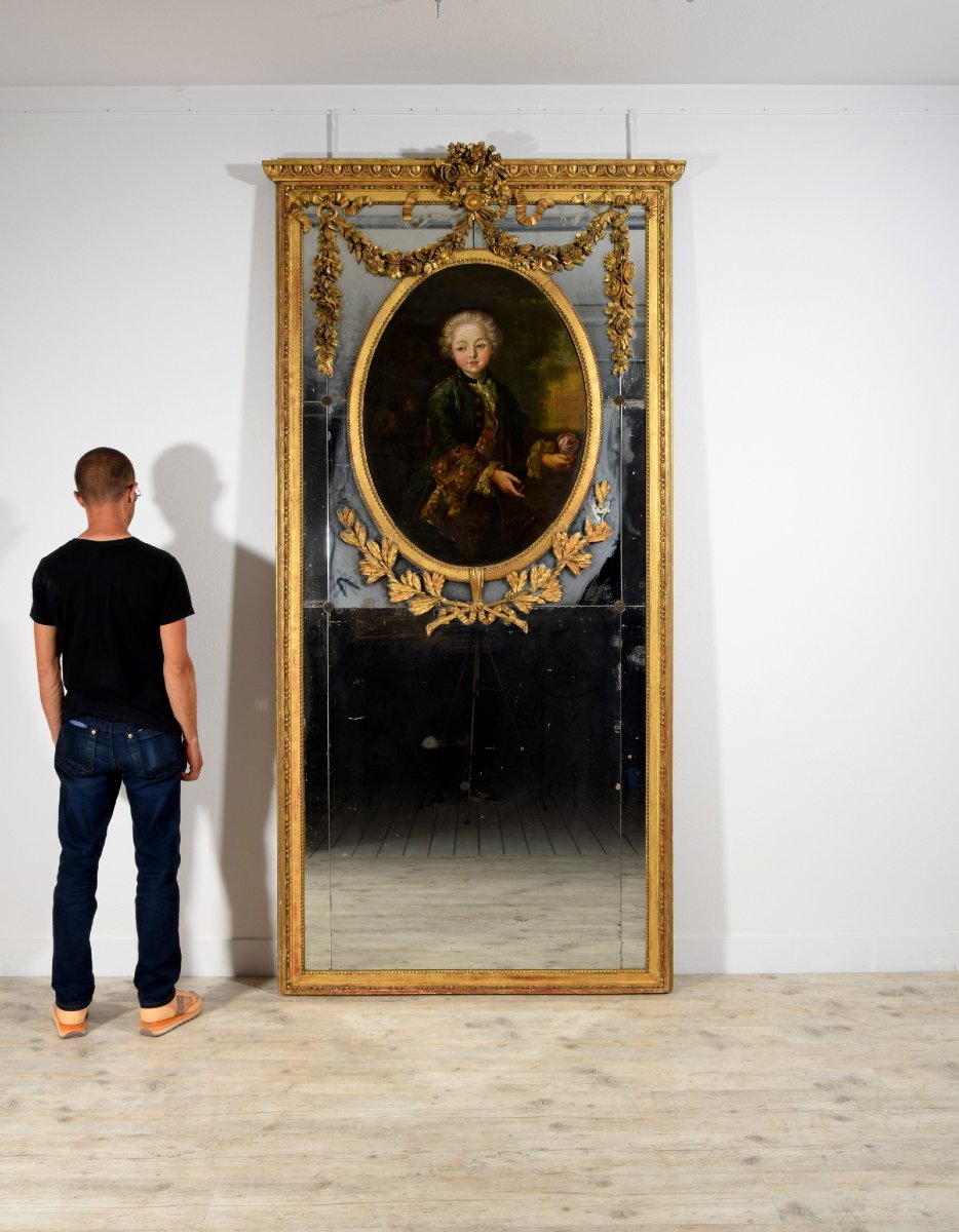 Miroir à trumeau en bois sculpté et doré, Italie, début du XIXe siècle-photo-4