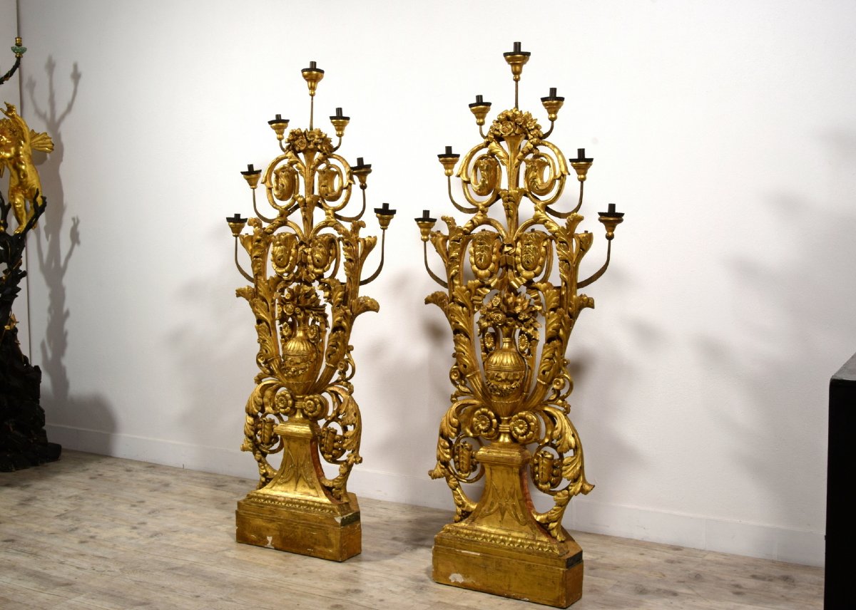 Paire pyramides porte-cierges en bois doré, Italie, XVIIIe siècle, époque néoclassique-photo-3