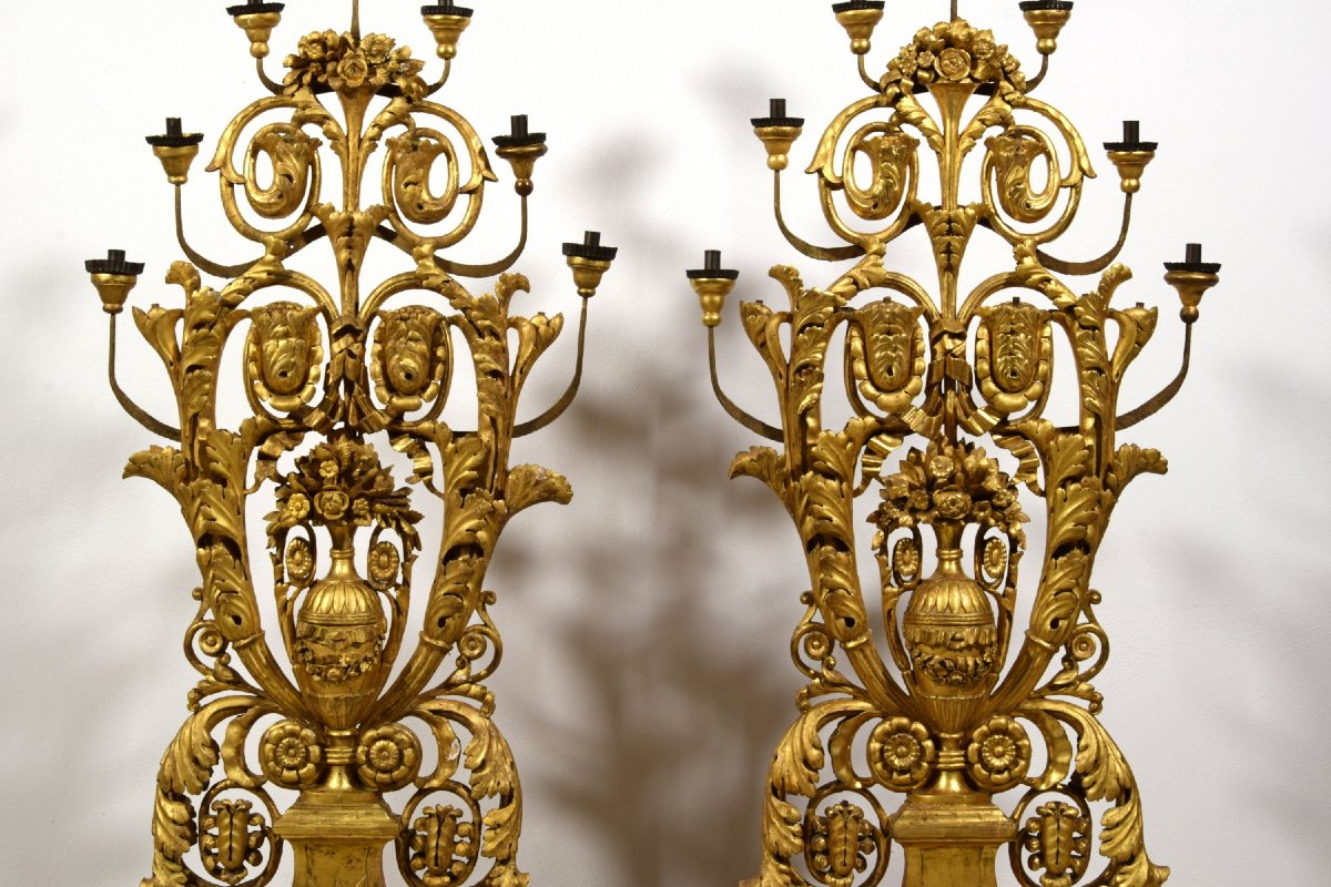Paire pyramides porte-cierges en bois doré, Italie, XVIIIe siècle, époque néoclassique-photo-4