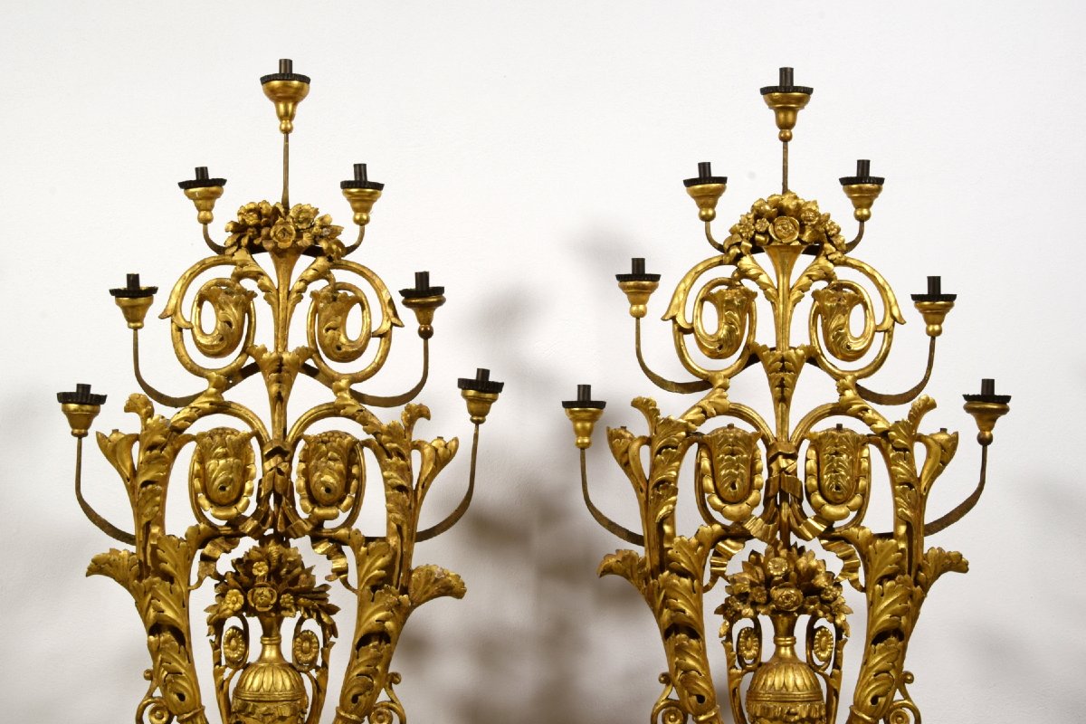 Paire pyramides porte-cierges en bois doré, Italie, XVIIIe siècle, époque néoclassique-photo-4