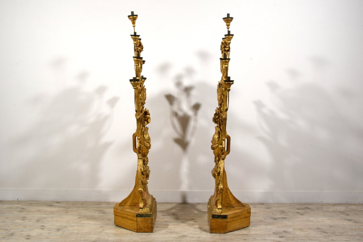 Paire pyramides porte-cierges en bois doré, Italie, XVIIIe siècle, époque néoclassique-photo-5