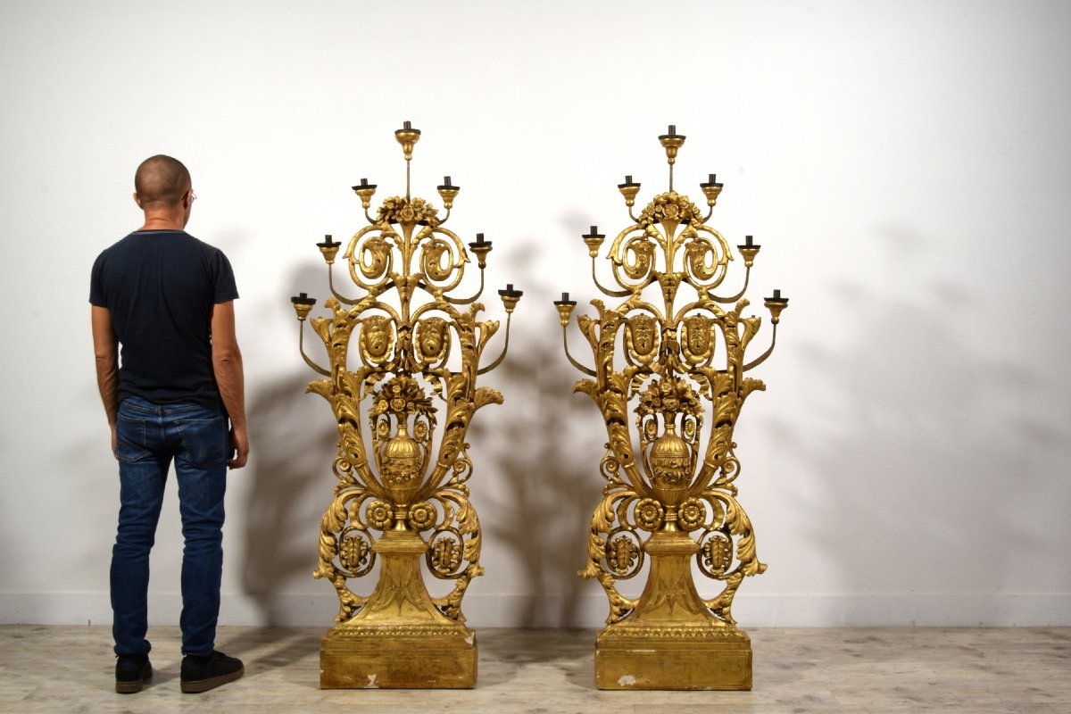 Paire pyramides porte-cierges en bois doré, Italie, XVIIIe siècle, époque néoclassique-photo-6