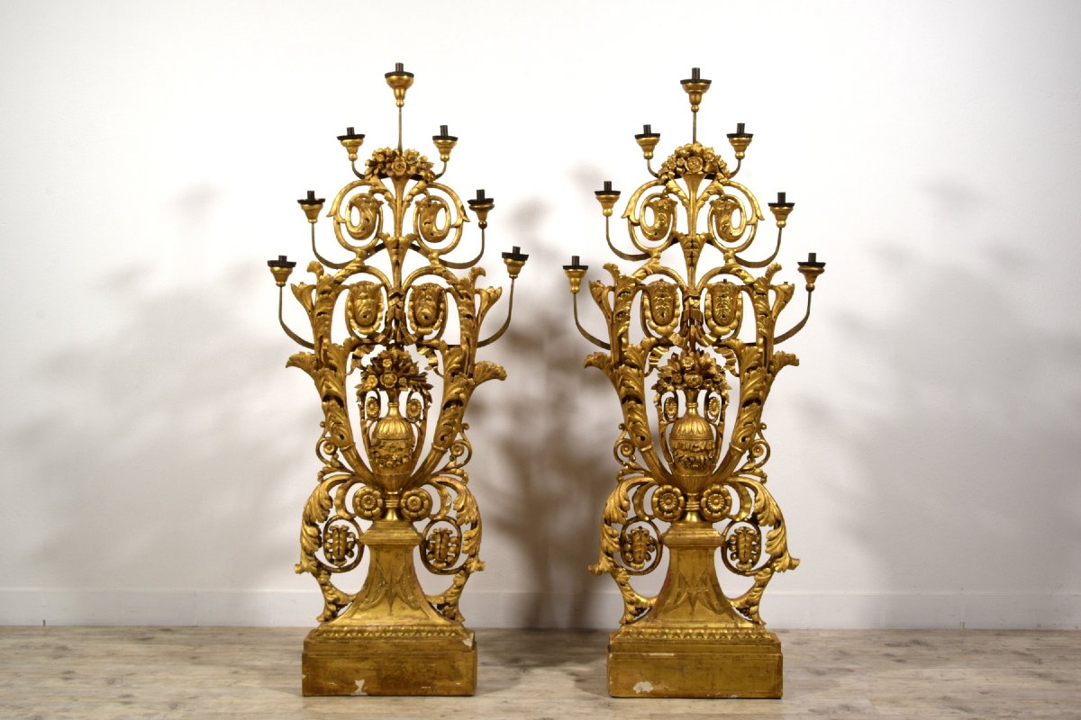 Paire pyramides porte-cierges en bois doré, Italie, XVIIIe siècle, époque néoclassique-photo-7