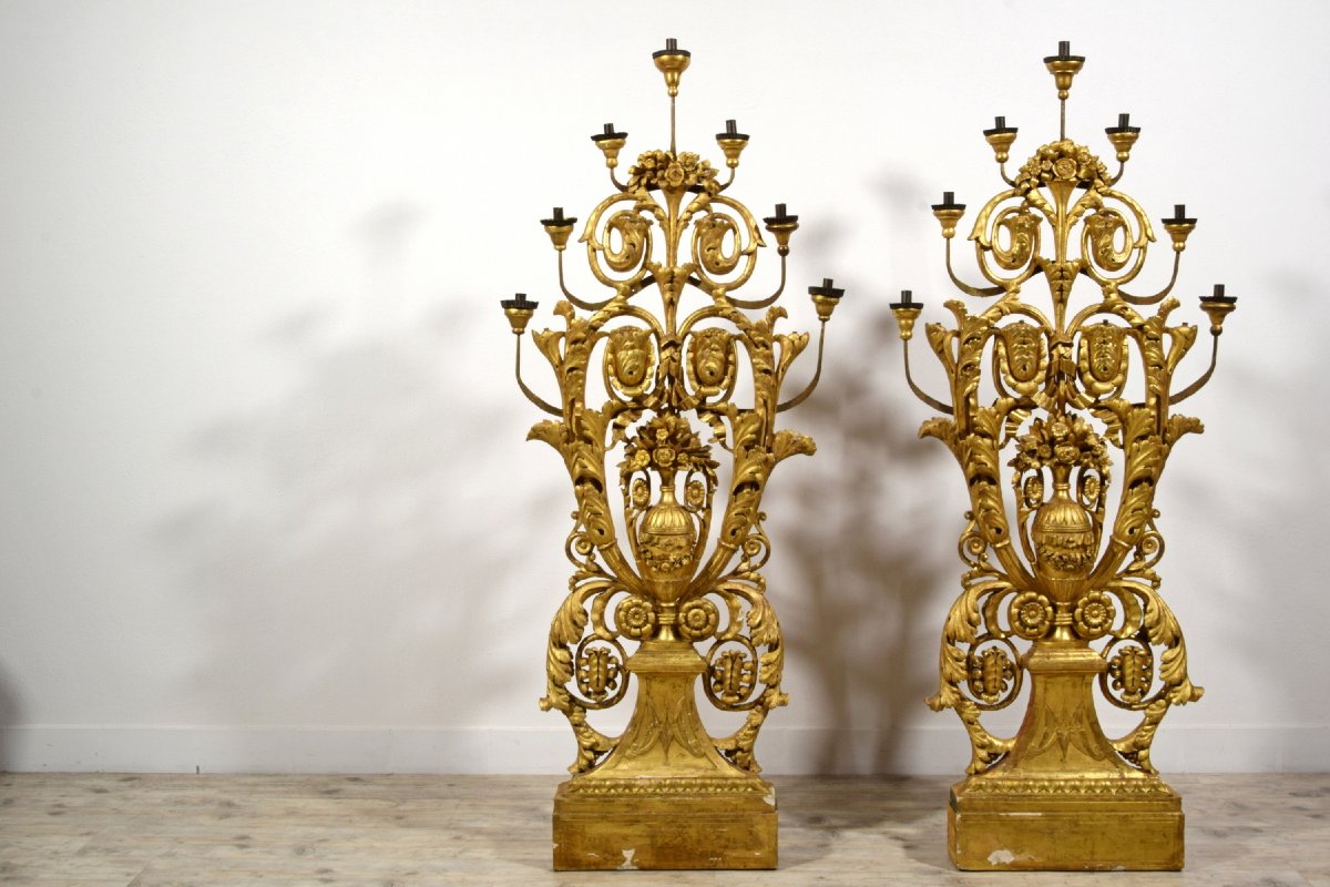 Paire pyramides porte-cierges en bois doré, Italie, XVIIIe siècle, époque néoclassique-photo-8