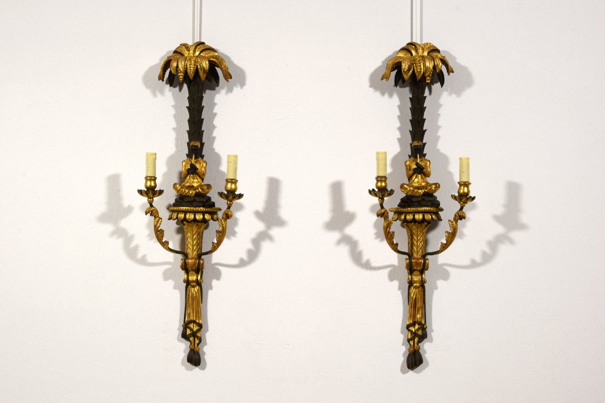 Pair Of Carved, Lacquered, And Gilded Wooden Wall Sconces, Tuscany, Early 20th Century-photo-2