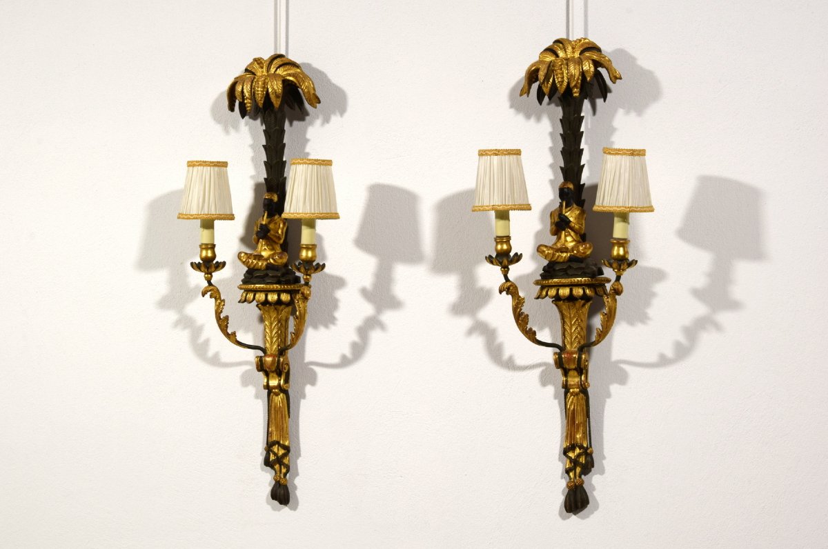 Pair Of Carved, Lacquered, And Gilded Wooden Wall Sconces, Tuscany, Early 20th Century-photo-3