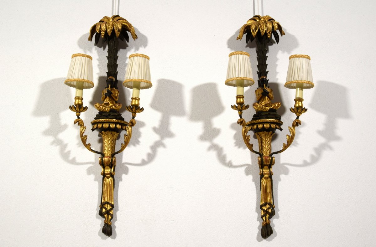 Pair Of Carved, Lacquered, And Gilded Wooden Wall Sconces, Tuscany, Early 20th Century-photo-4