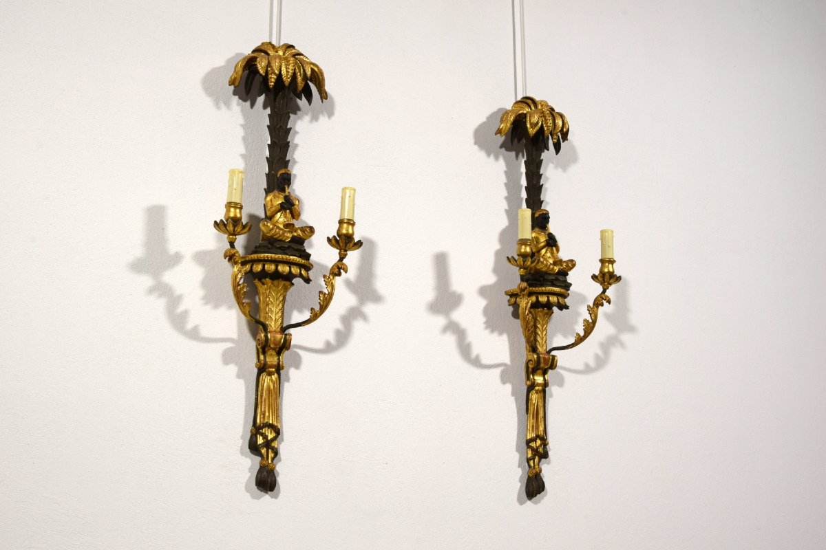 Pair Of Carved, Lacquered, And Gilded Wooden Wall Sconces, Tuscany, Early 20th Century-photo-2