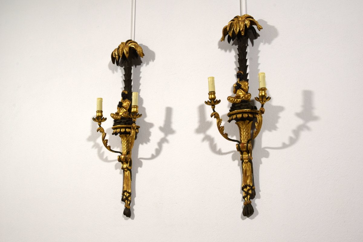 Pair Of Carved, Lacquered, And Gilded Wooden Wall Sconces, Tuscany, Early 20th Century-photo-4