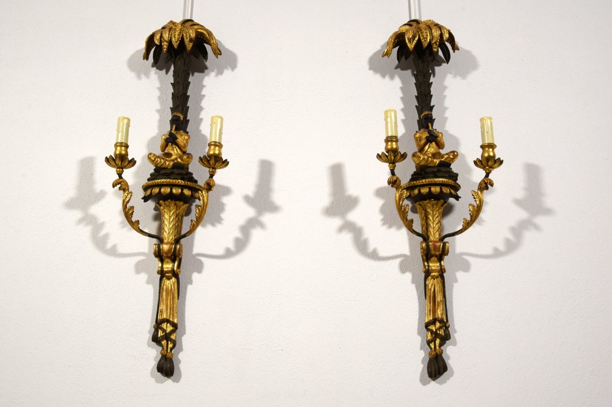 Pair Of Carved, Lacquered, And Gilded Wooden Wall Sconces, Tuscany, Early 20th Century-photo-5