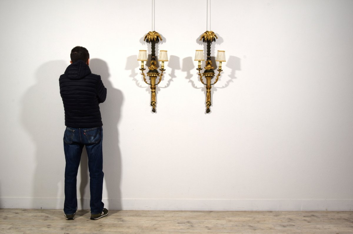 Pair Of Carved, Lacquered, And Gilded Wooden Wall Sconces, Tuscany, Early 20th Century-photo-6