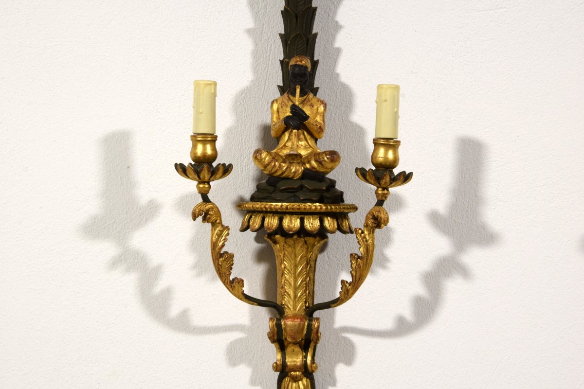 Pair Of Carved, Lacquered, And Gilded Wooden Wall Sconces, Tuscany, Early 20th Century-photo-7