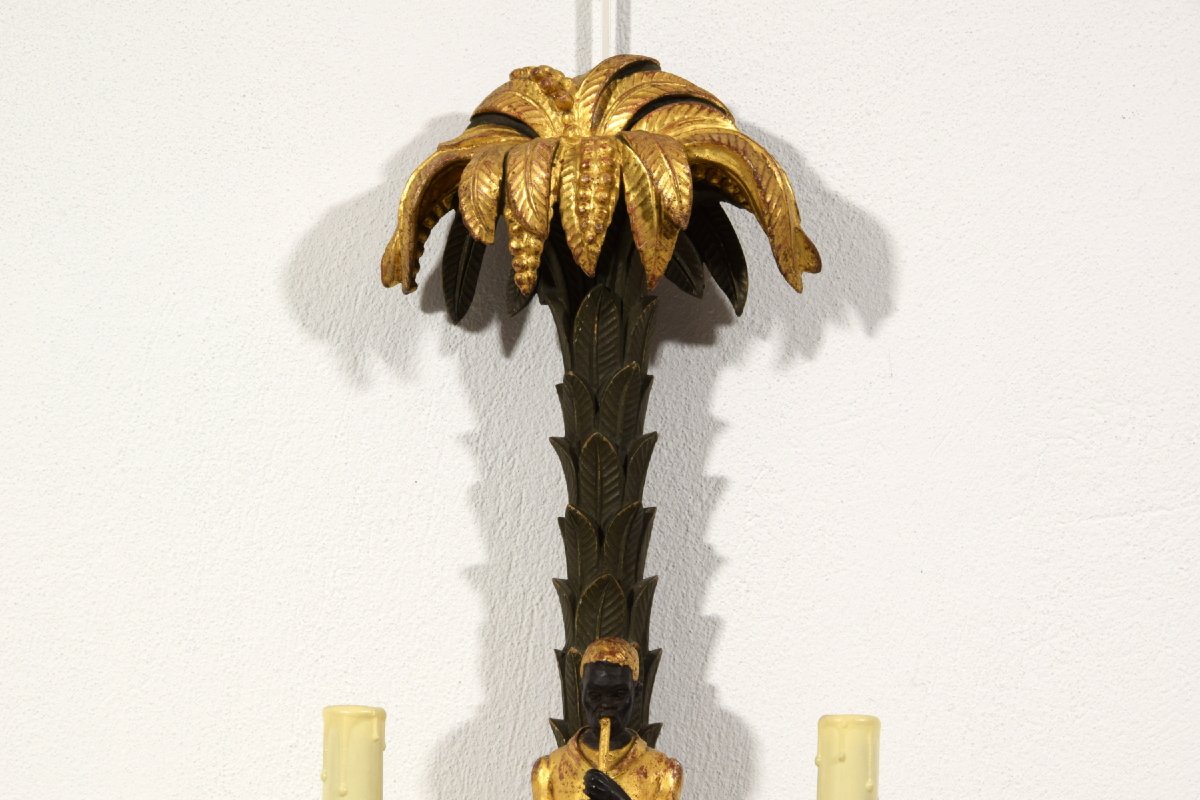 Pair Of Carved, Lacquered, And Gilded Wooden Wall Sconces, Tuscany, Early 20th Century-photo-8