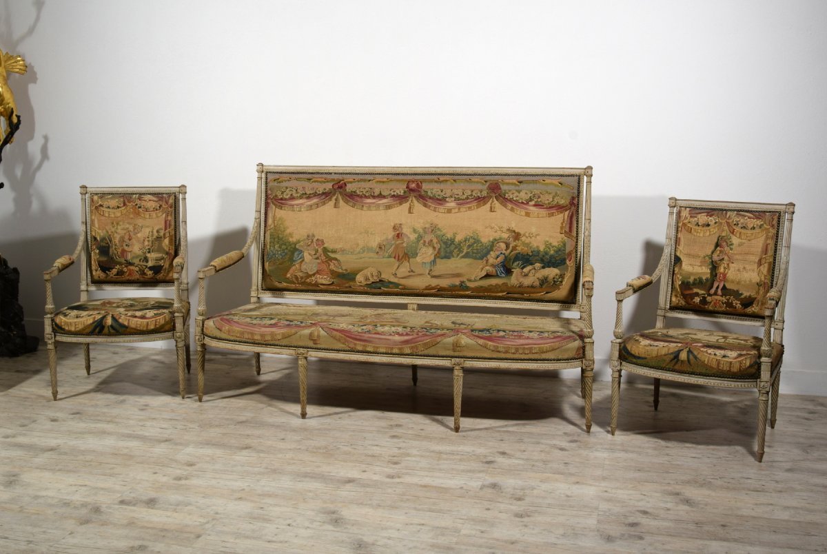 Mobilier de salon en bois sculpté et laqué, Louis XVI, seconde moitié du XVIIIe siècle-photo-2