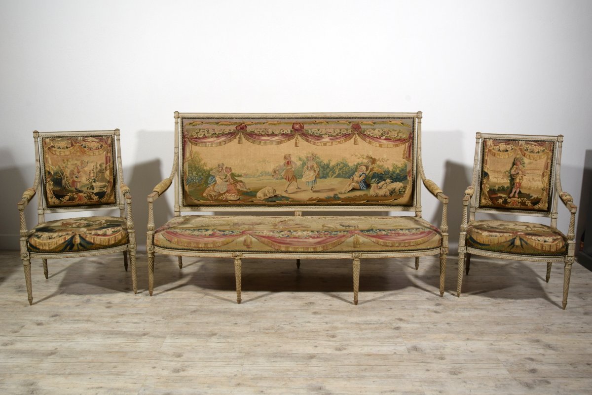 Mobilier de salon en bois sculpté et laqué, Louis XVI, seconde moitié du XVIIIe siècle-photo-3