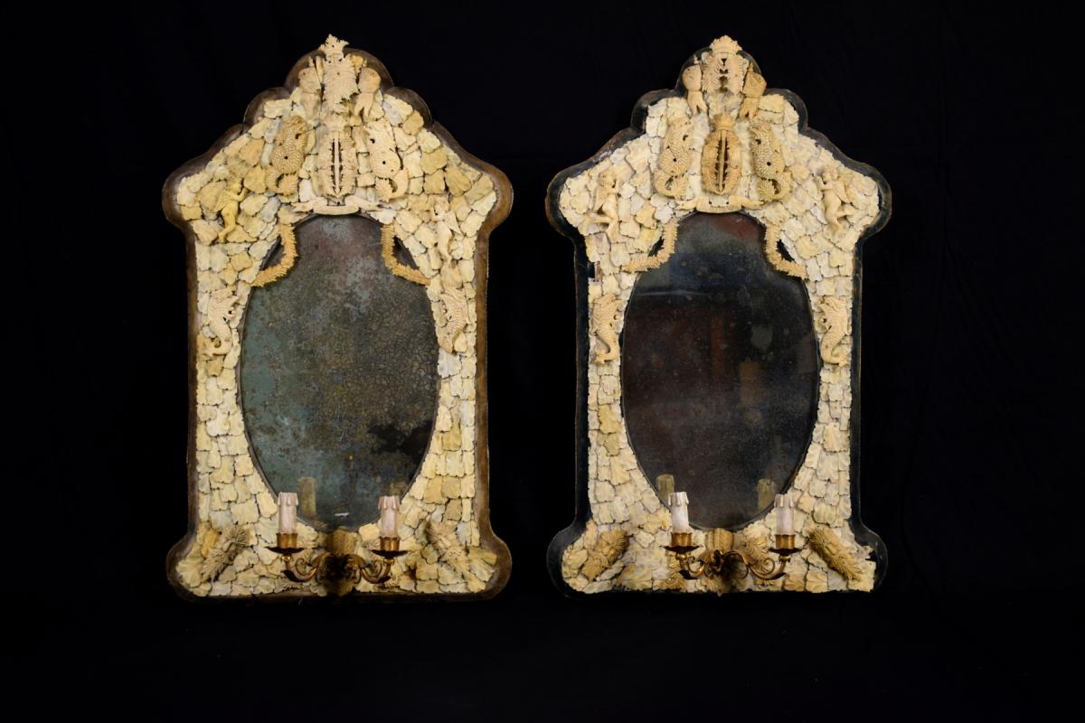 Pair Of Important And Rare Carved Bone Mirrors, France, Dieppe Manufacture, Mid 19th Century