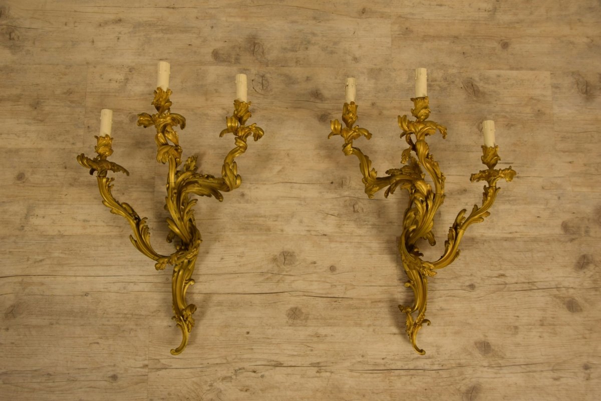 Pair Of French Wall Lamps In Gilded Bronze With Three Lights, Louis XV Style, 19th Century-photo-1