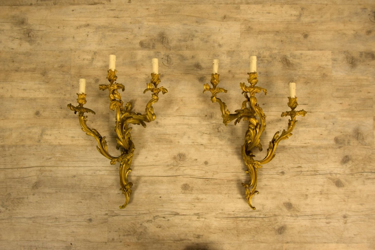 Pair Of French Wall Lamps In Gilded Bronze With Three Lights, Louis XV Style, 19th Century-photo-3