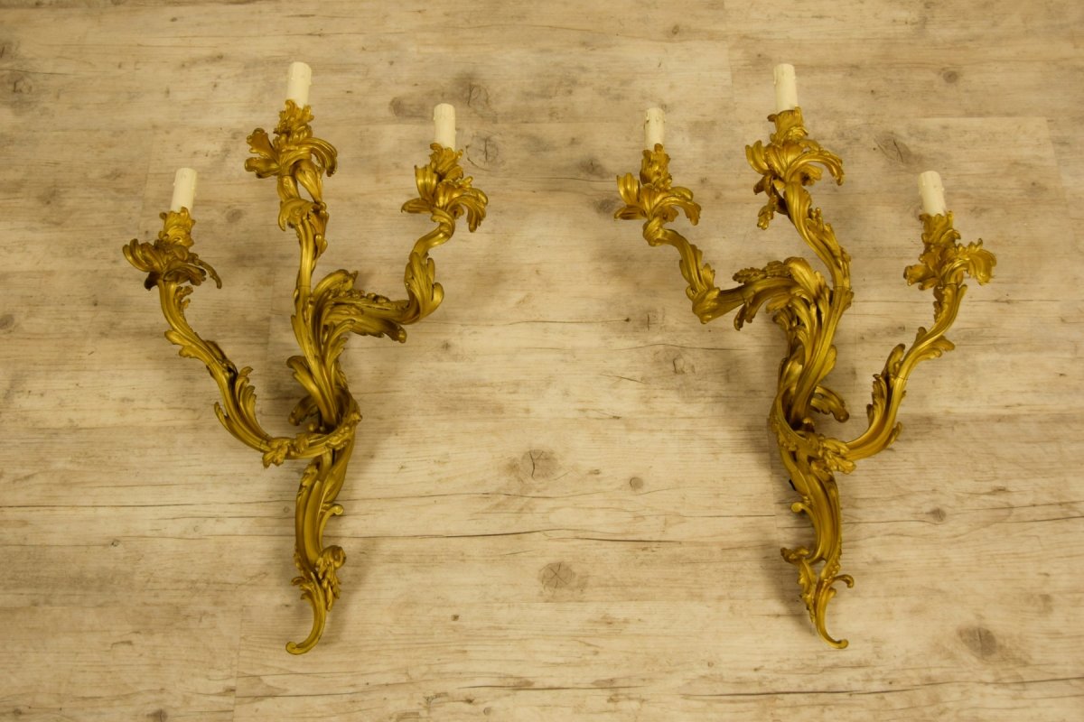 Pair Of French Wall Lamps In Gilded Bronze With Three Lights, Louis XV Style, 19th Century-photo-4