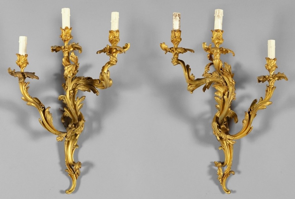 Pair Of French Wall Lamps In Gilded Bronze With Three Lights, Louis XV Style, 19th Century