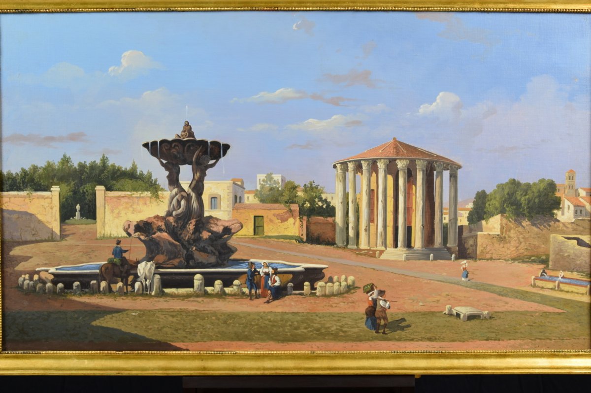 Vue Du Forum Boario Avec Le Temple De Vesta, Huile Sur Toile, XIXe Siècle-photo-1