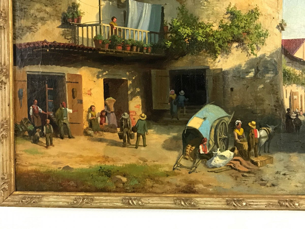 19th Century, Italian Oil On Canvas With Market At Giaveno Tower By Carlo Piacenza-photo-2