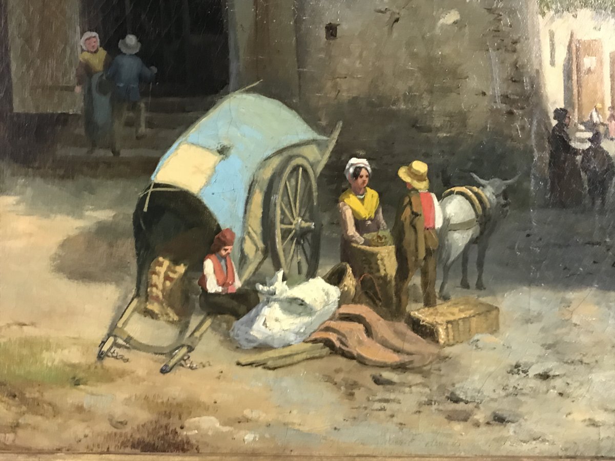 19th Century, Italian Oil On Canvas With Market At Giaveno Tower By Carlo Piacenza-photo-1
