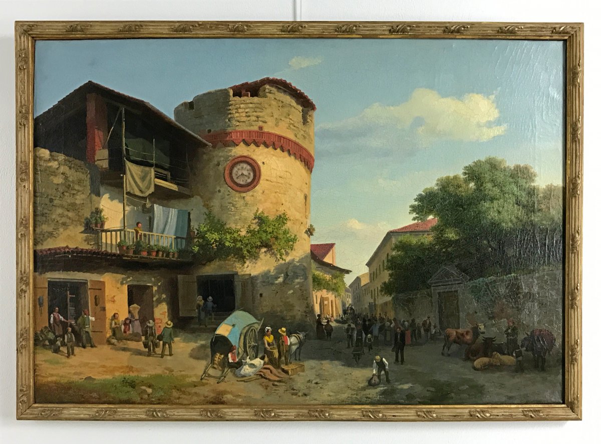 19th Century, Italian Oil On Canvas With Market At Giaveno Tower By Carlo Piacenza