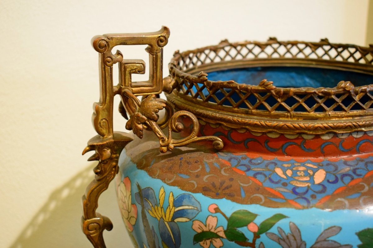 19th Century, French Cloisonné Vase On Gilded Bronze Base-photo-3